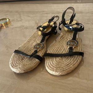 Michael Kors, black vegan patent sandals with logo